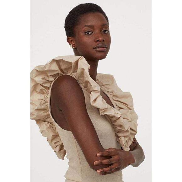 Flounce Trimmed Bodycon Fitted Dress Beige - Picture 1 of 5